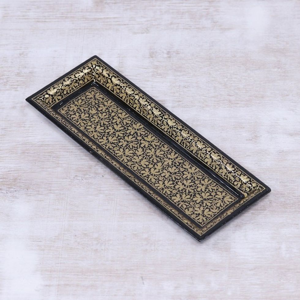 Leaf Motif Papier Mache and Wood Decorative Tray from India 'Leaves of the Valley'