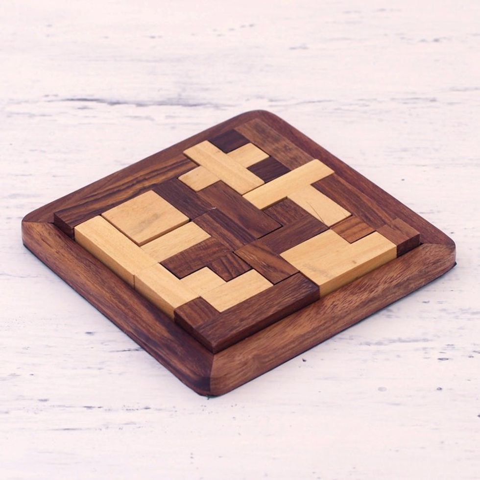 Handcrafted Wood Puzzle in Brown and Beige from India 'Mental Challenge'