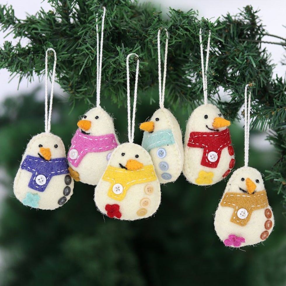 Handcrafted Snowman Ornaments from India Set of 6 'Snowman Party'