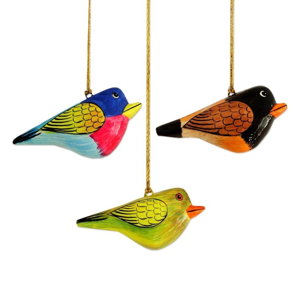 Three Hand-Painted Papier Mache Bird Ornaments from India 'Cuckoo Birds'