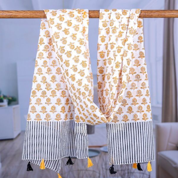 Alternate image for Block-Printed Cotton Scarf with Floral and Striped Motifs Goldenrod Meadow