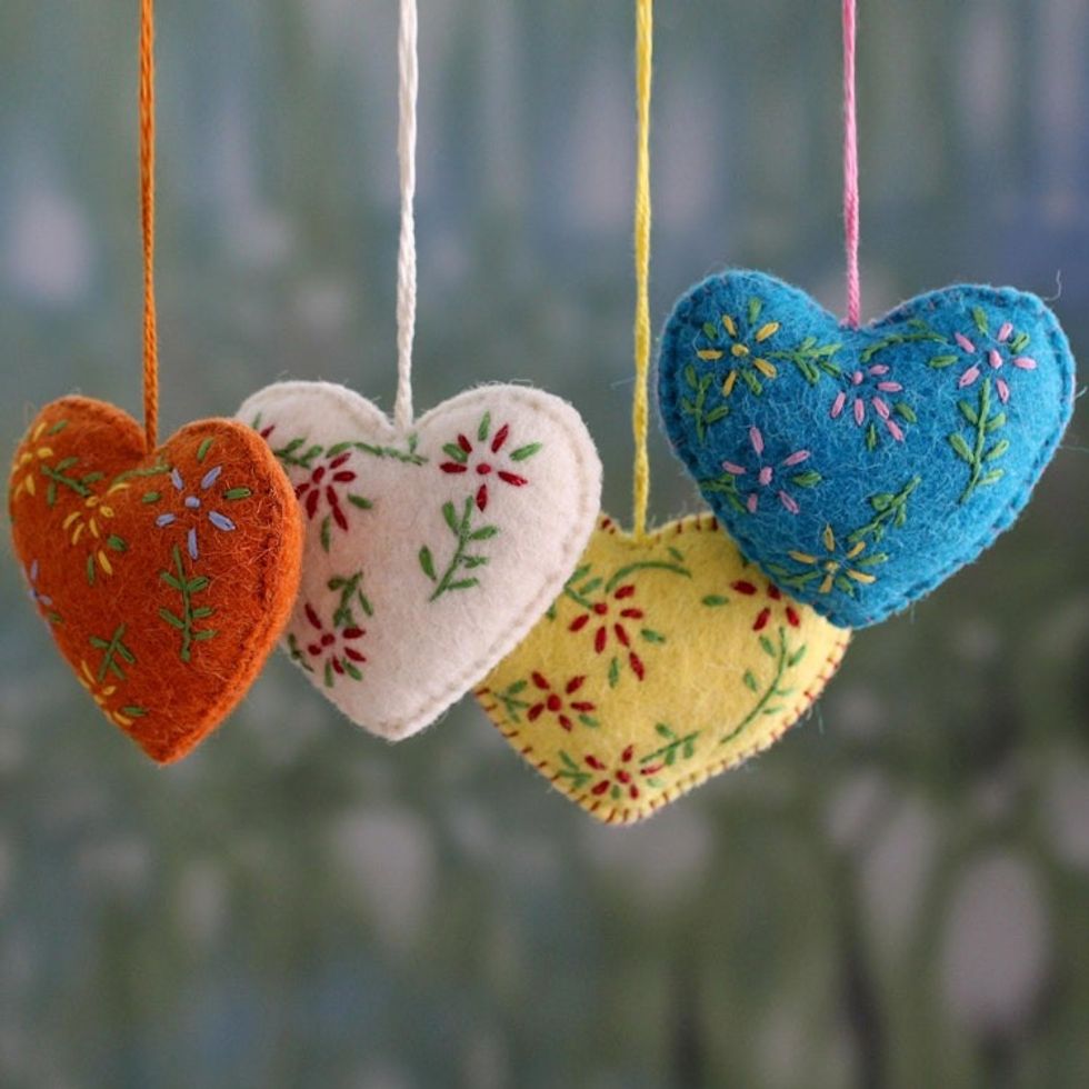 Hand Made Holiday Ornaments in Different Colors Set of 4 'Holiday Hearts'