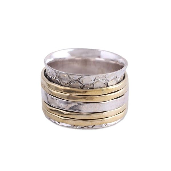 Alternate image for Handmade Sterling Silver and Brass Spinner Ring from India Five Rotations
