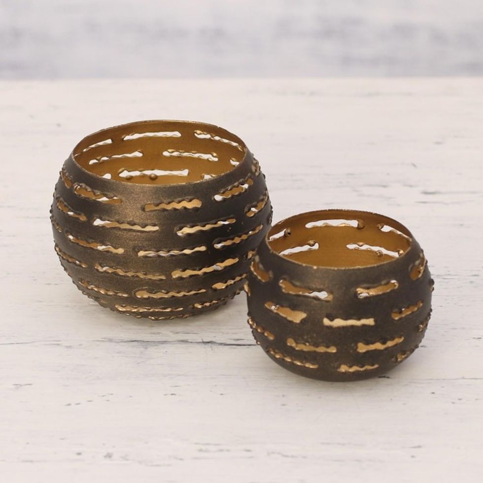 Pair of Handcrafted Steel Tealight Holders from India 'Slatted Glow'