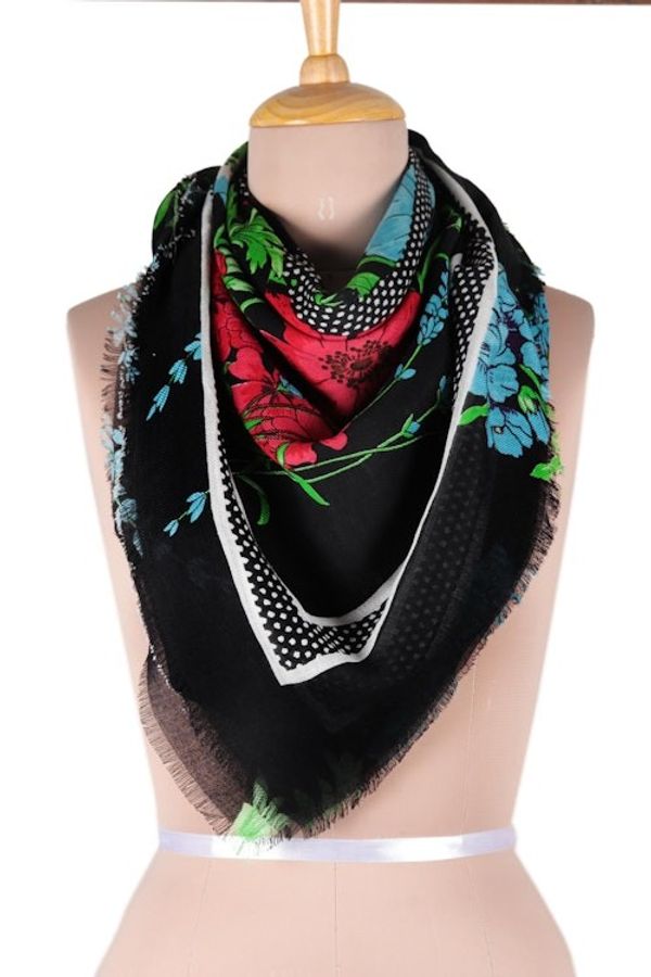 Alternate image for Screen Printed Wool Floral Scarf from India Cerulean Flowers