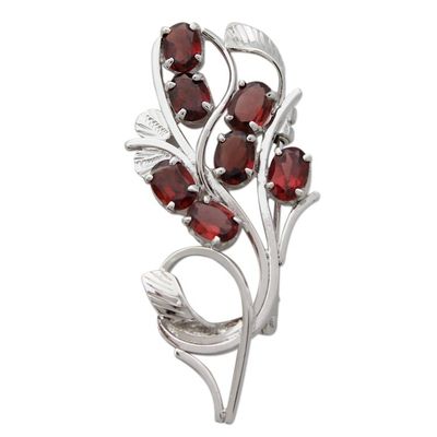 Alternate image for Sterling Silver Brooch Pin with Garnets Handcrafted in India Crimson Bouquet