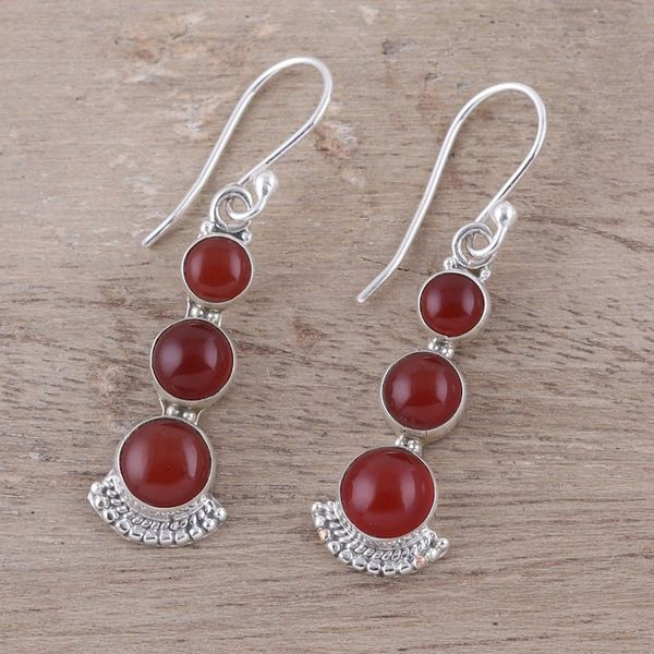 Alternate image for Round Carnelian and Sterling Silver Dangle Earrings Triple Gleam