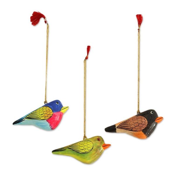 Alternate image for Three Hand-Painted Papier Mache Bird Ornaments from India Cuckoo Birds