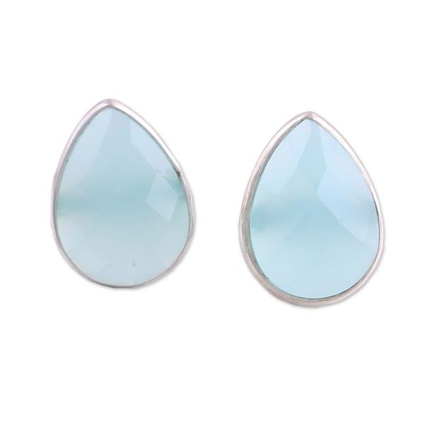 Alternate image for Aqua Chalcedony Sterling Silver Button Earrings from India Raindrop Prisms