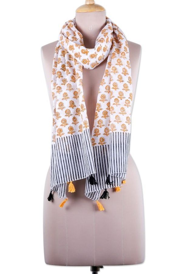 Alternate image for Block-Printed Cotton Scarf with Floral and Striped Motifs Goldenrod Meadow