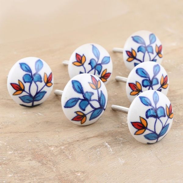 Alternate image for Hand-Painted Leaf-Motif Ceramic Knobs Set of 6 Cheerful Leaves