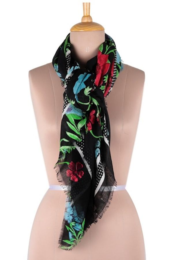 Alternate image for Screen Printed Wool Floral Scarf from India Cerulean Flowers