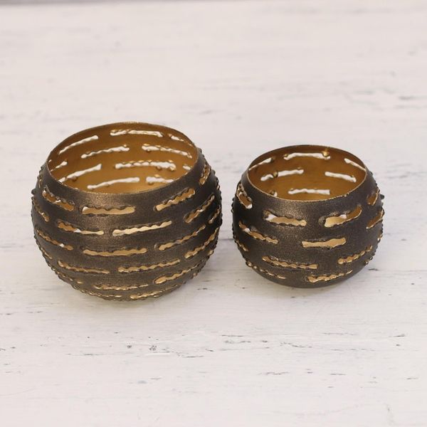 Alternate image for Pair of Handcrafted Steel Tealight Holders from India Slatted Glow