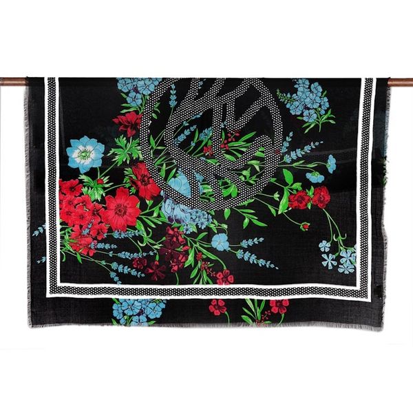 Alternate image for Screen Printed Wool Floral Scarf from India Cerulean Flowers