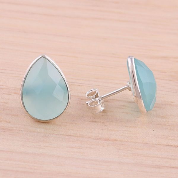 Alternate image for Aqua Chalcedony Sterling Silver Button Earrings from India Raindrop Prisms