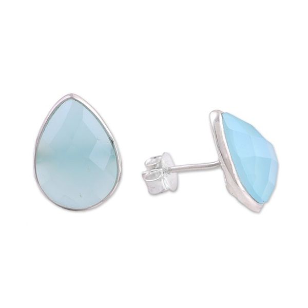 Alternate image for Aqua Chalcedony Sterling Silver Button Earrings from India Raindrop Prisms