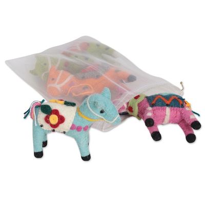 Alternate image for Set of 4 Colorful Embroidered Wool Felt Pony Ornaments Spring Ponies