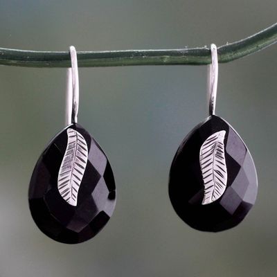 Alternate image for Handmade Black Onyx and Sterling Silver Leaf Earrings Midnight Flora