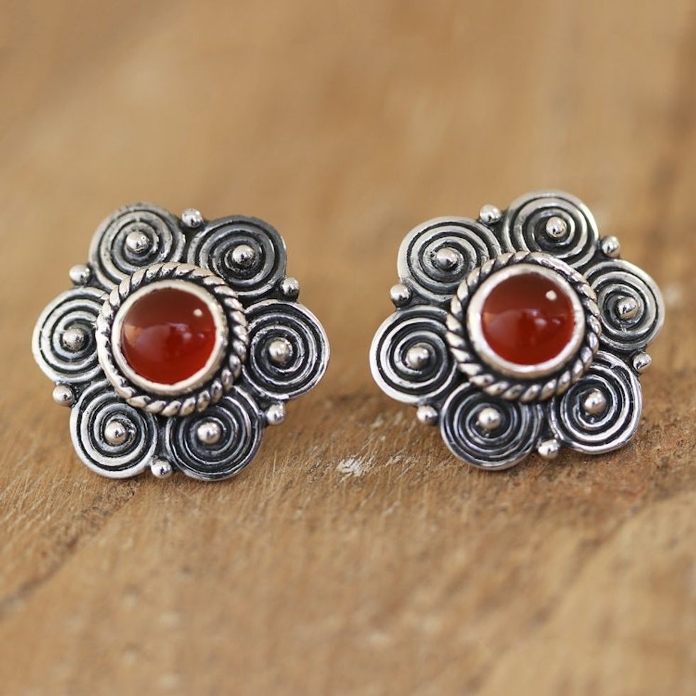 Sterling Silver Floral Drop Earrings with Carnelian Stone 'Smell The Flowers'