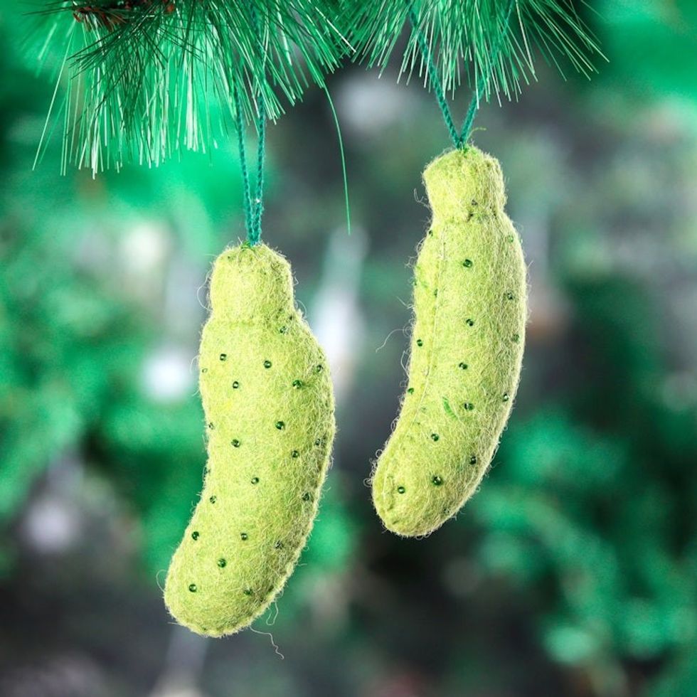 Pair of Handcrafted Wool Felt Pickle Ornaments from India 'Christmas Pickle'