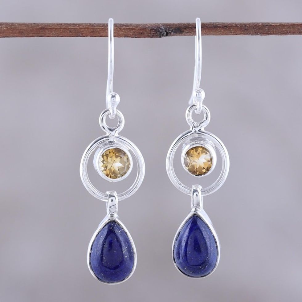 Lapis Lazuli and Citrine Dangle Earrings from India 'Gleaming Midnight'