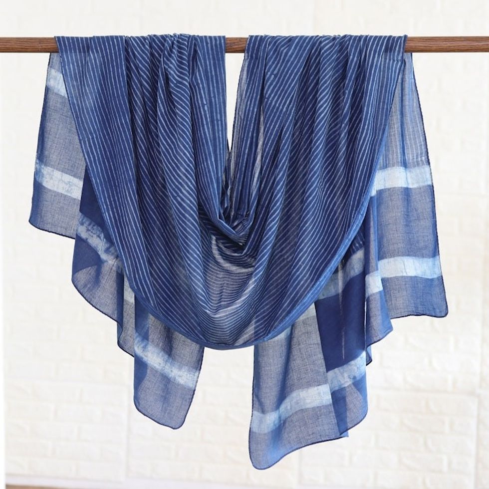 Blue and White Mud Resist Striped Block Print Cotton Shawl 'Dabu Blue'