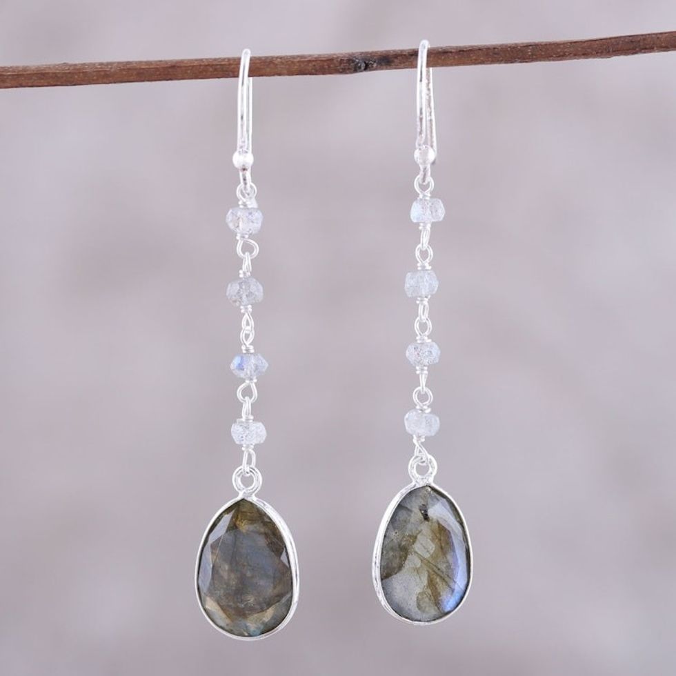 10-Carat Labradorite Dangle Earrings from India 'Raining Drops'