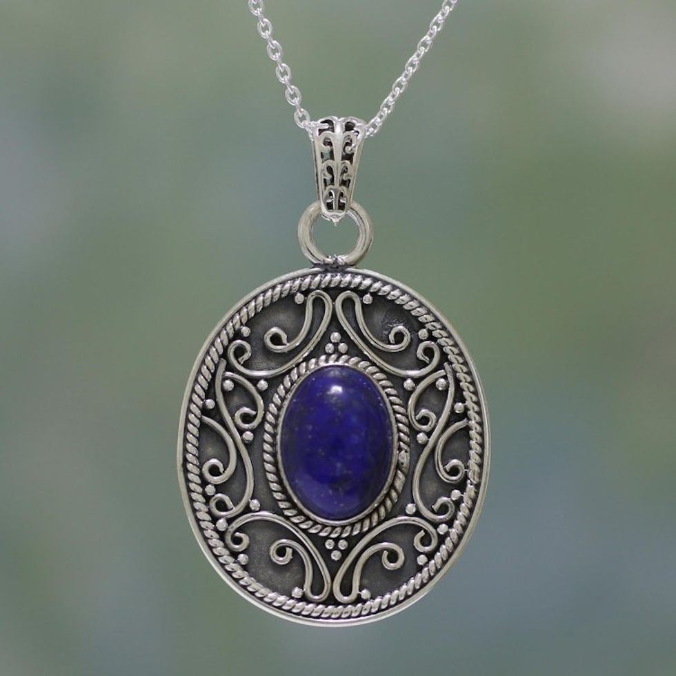 Lapis Lazuli and Sterling Silver Pendant Necklace from India 'Framed Blue'