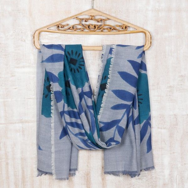 Alternate image for Artisan Made Blue Wool Shawl from India Twilight Blossom