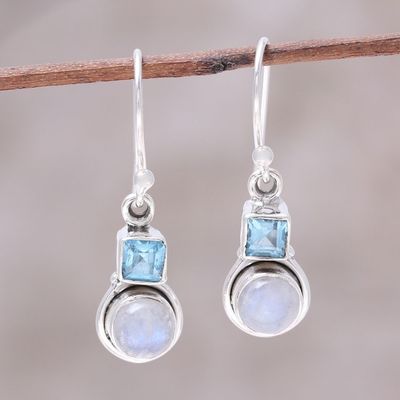 Alternate image for Blue Topaz and Rainbow Moonstone Dangle Earrings from India Sky Glimmer