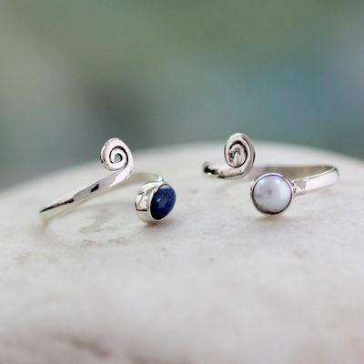Alternate image for Pearl and Lapis Lazuli Sterling Silver Toe Rings Pair Pretty Perfection