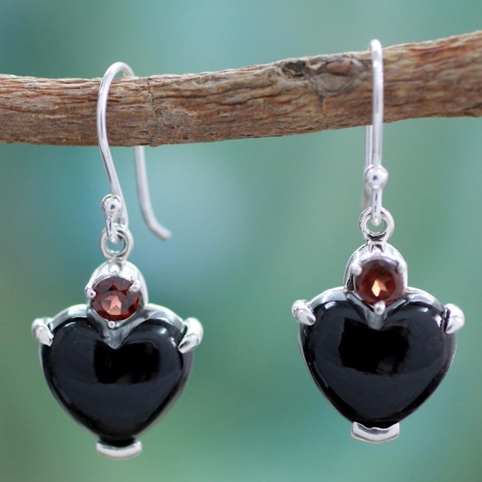 Onyx Heart Earrings with Garnet and Sterling Silver  'Goth Love'