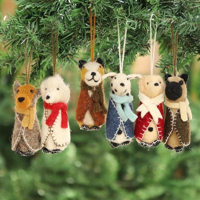 Main image for Embroidered Wool Dog Ornaments from India Set of 6 Festive Pups