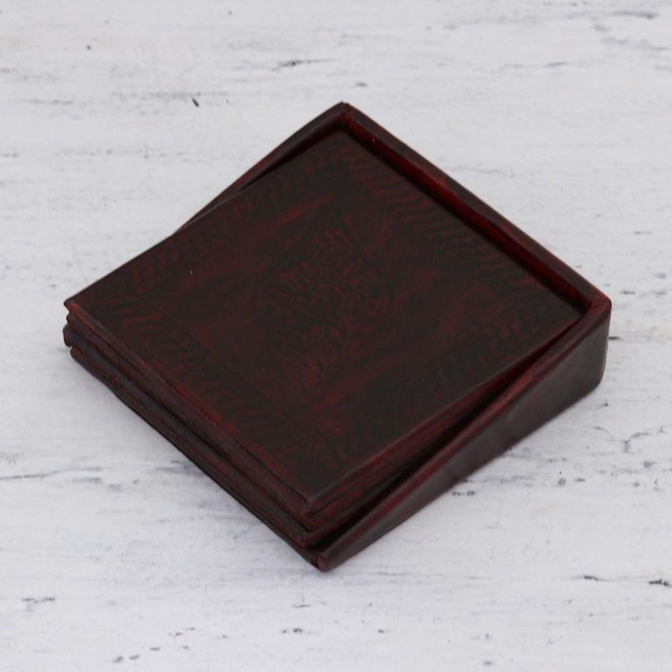 Embossed Leather Coasters from India Set of 4 'Leafy Intrigue'