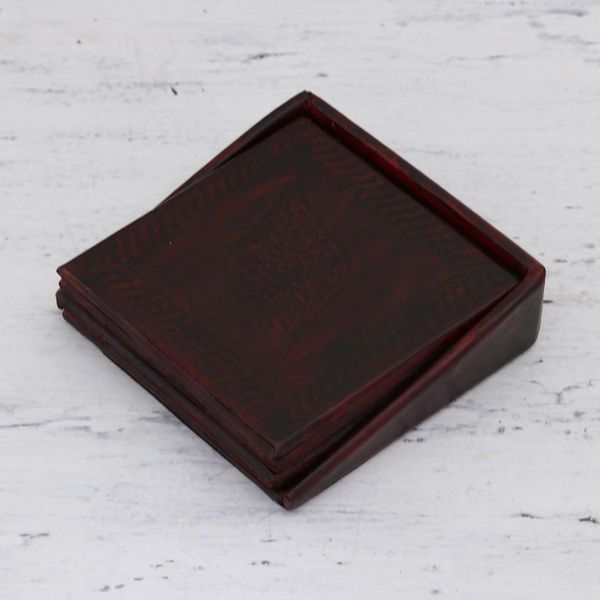 Alternate image for Embossed Leather Coasters from India Set of 4 Leafy Intrigue