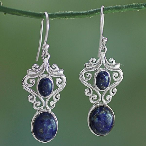 Alternate image for Handcrafted Lapis Lazuli and Sterling Silver Dangle Earrings Whimsical Tendrils