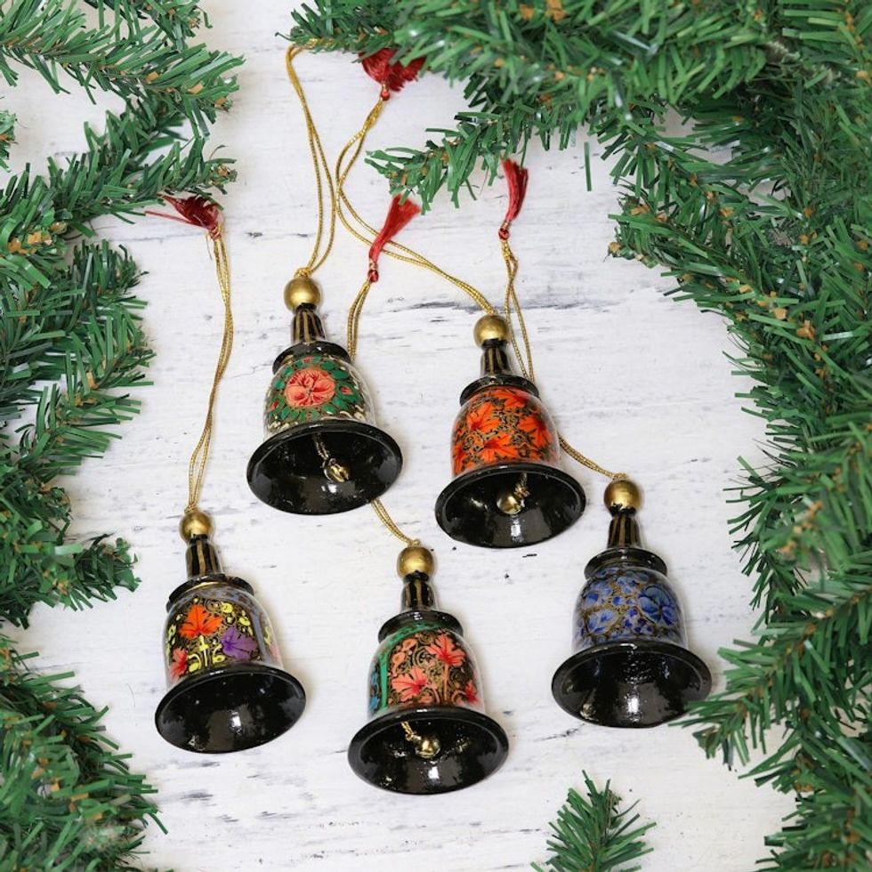 Papier Mache Bell Ornaments Set of 5 from India 'Bells of Kashmir'