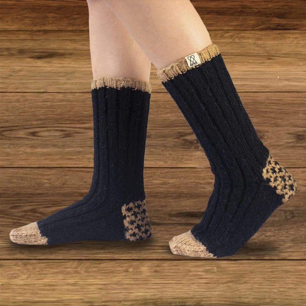 Handcrafted Unisex Black and Beige Slipper Socks from India 'Midnight in the Valley'