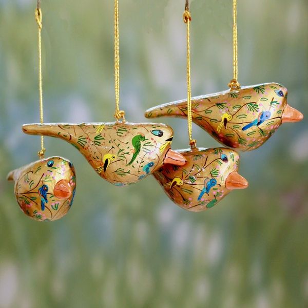 Alternate image for Handcrafted Golden Papier Mache Bird Ornaments set of 4 Peace and Joy