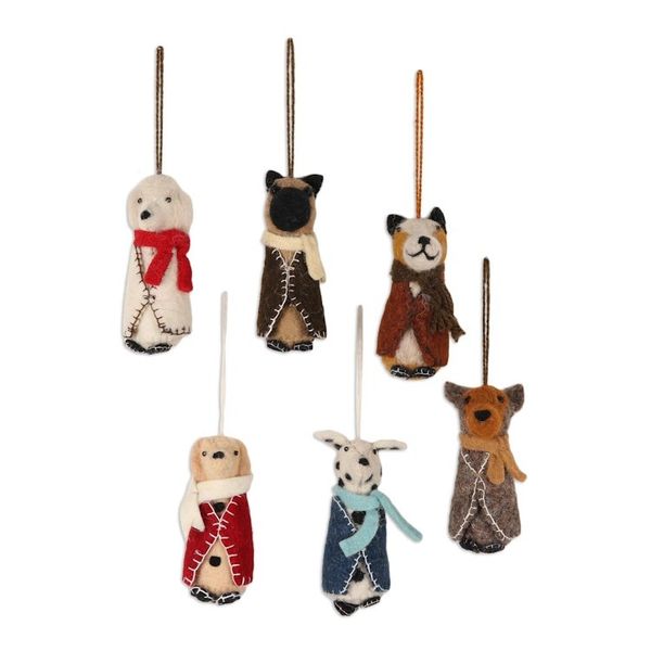 Alternate image for Embroidered Wool Dog Ornaments from India Set of 6 Festive Pups