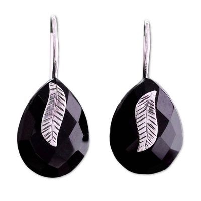 Alternate image for Handmade Black Onyx and Sterling Silver Leaf Earrings Midnight Flora