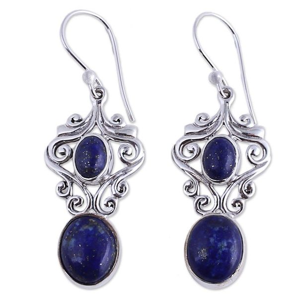 Alternate image for Handcrafted Lapis Lazuli and Sterling Silver Dangle Earrings Whimsical Tendrils