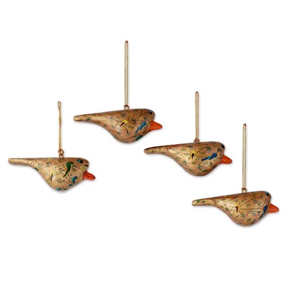 Alternate image for Handcrafted Golden Papier Mache Bird Ornaments set of 4 Peace and Joy