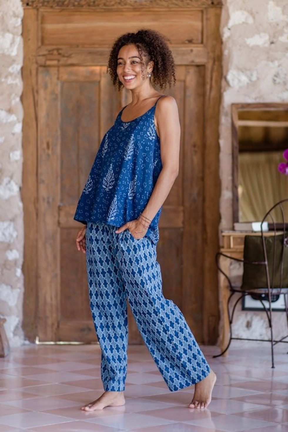 Cotton Pajama Set with Leafy and Moroccan Inspired Pattern 'Blue Fall'