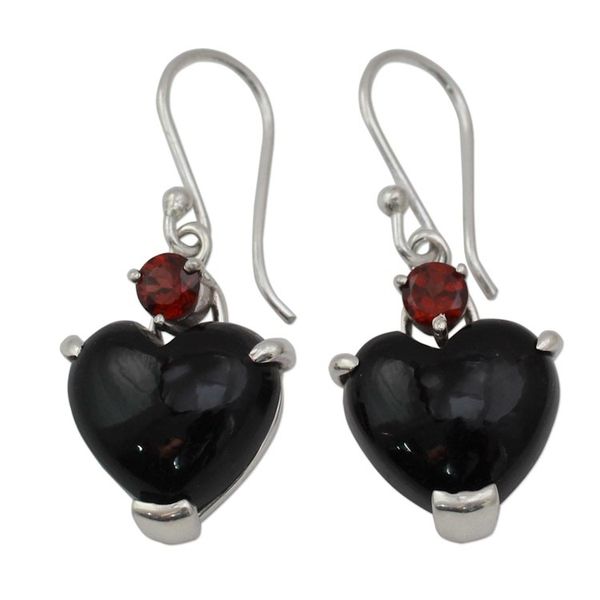 Alternate image for Onyx Heart Earrings with Garnet and Sterling Silver  Goth Love