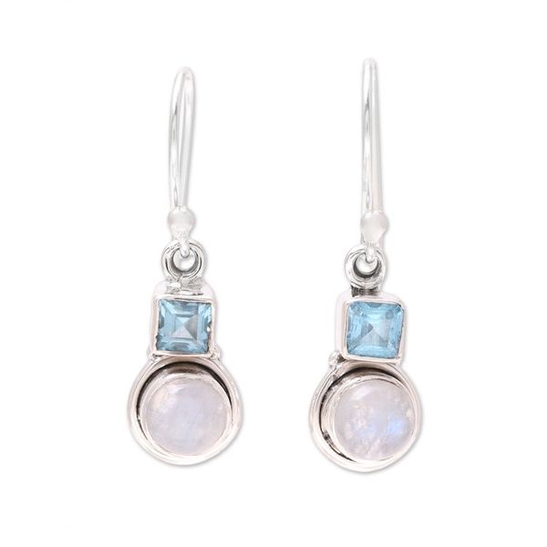 Alternate image for Blue Topaz and Rainbow Moonstone Dangle Earrings from India Sky Glimmer