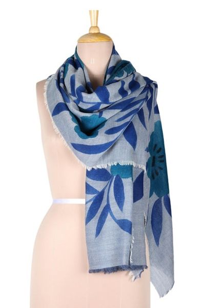 Alternate image for Artisan Made Blue Wool Shawl from India Twilight Blossom