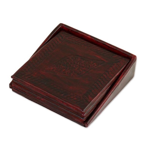 Alternate image for Embossed Leather Coasters from India Set of 4 Leafy Intrigue