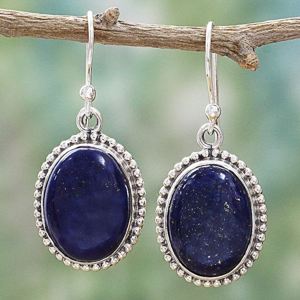 Alternate image for Lapis Lazuli Dangle Earrings with Gold Colored Flecks Blue Royalty