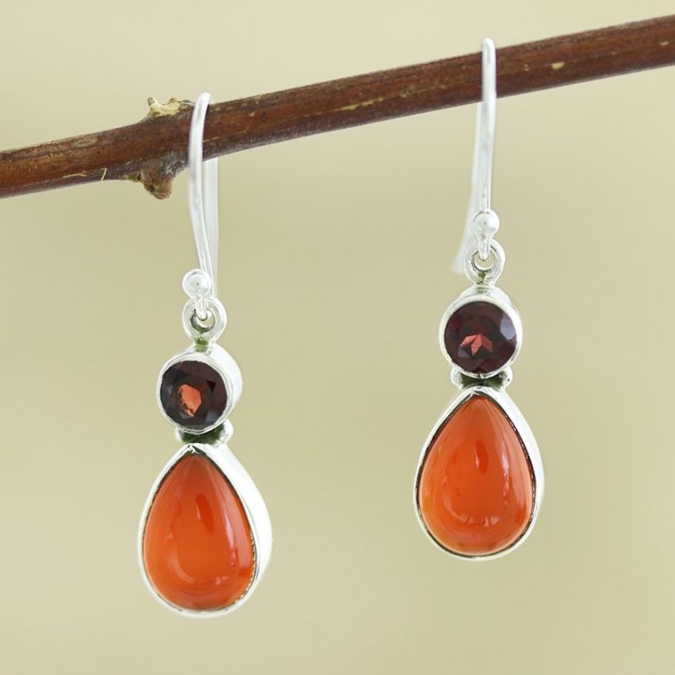 Handmade Garnet and Carnelian Gemstone Dangle Earrings 'Glorious Alliance'